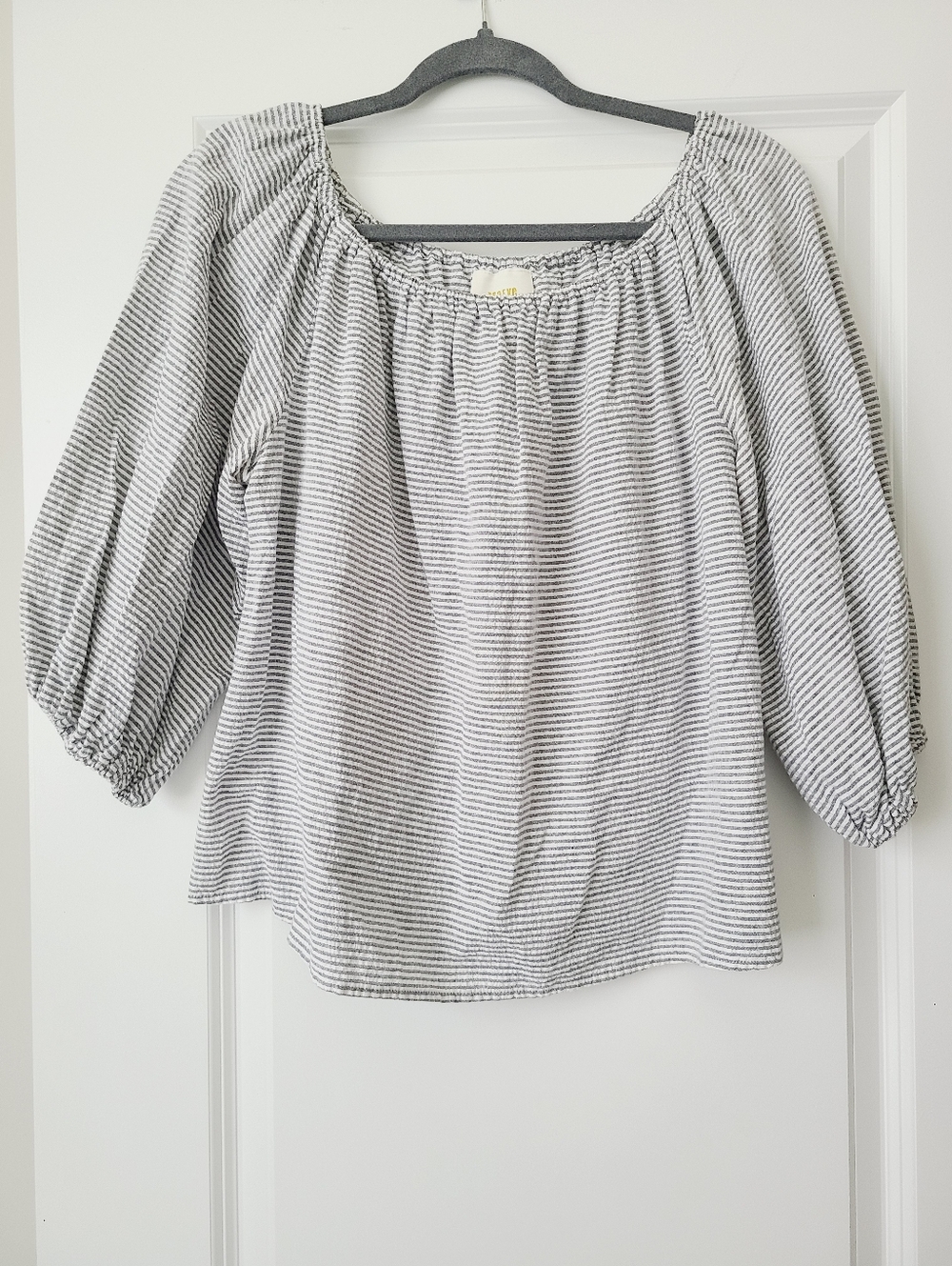 Maeve Horizontal Pin Stripe Balloon Sleeve Off Shoulder Cotton Blouse